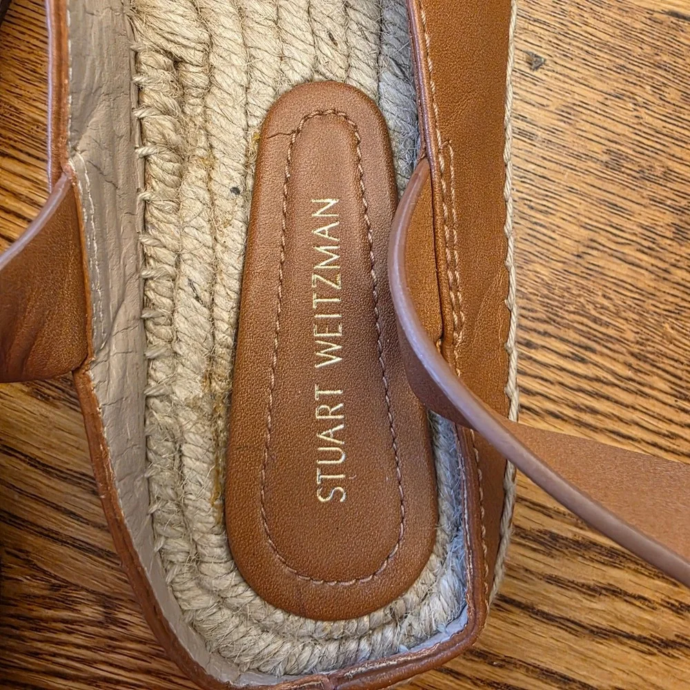 Stuart Weitzman 5.5 Tan Leather Ankle‎ Strap Espadrille Flats Boho Quiet Luxury